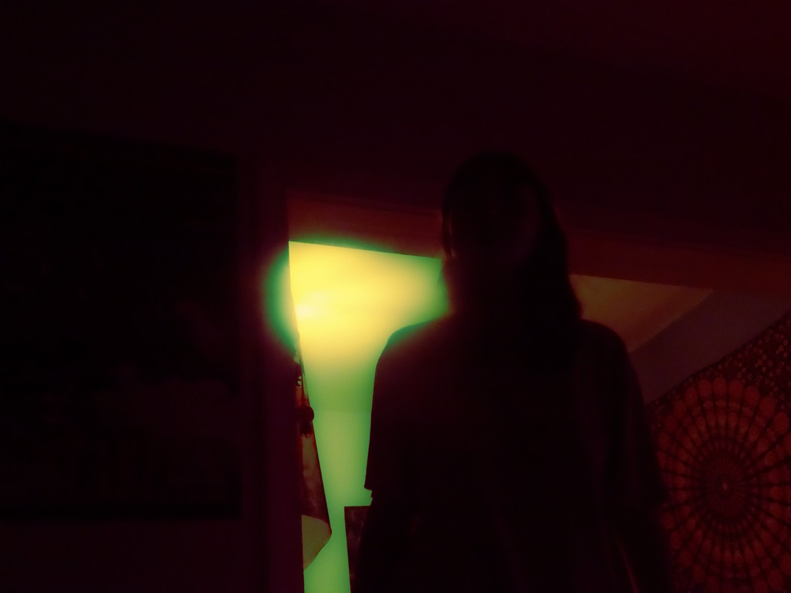 A dark room lit by a single green light, a figure in shadow